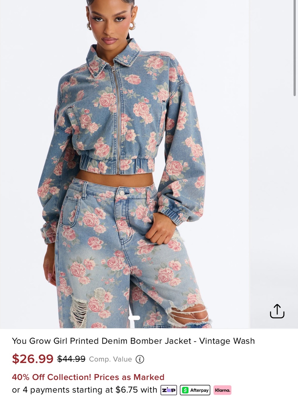 Fashion Nova Floral Print Cropped Denim Bomber Jacket & Jort Set